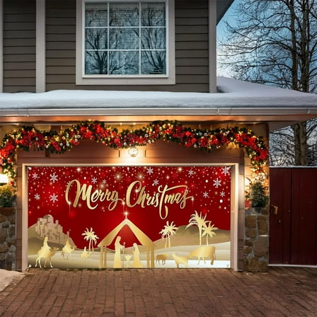Meggemo Christmas Garage Banners Festive Scene Door Flag Backdrops Cloth Reusable Party Atmosphere Decor Holiday Xmas Decoration