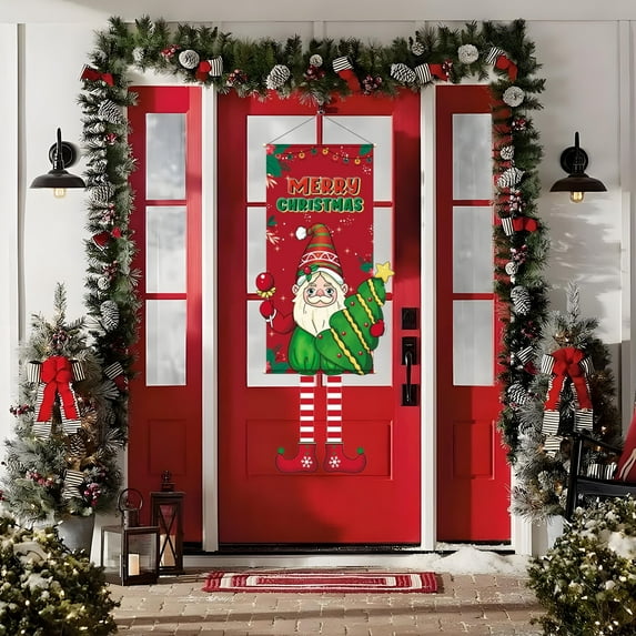 Meggemo Christmas Hanging Cloth Banner Party Decor Creative Cartoon Printed Backdrop Reusable Multicolor Winter Holiday Decor for Indoor Outdoor Home