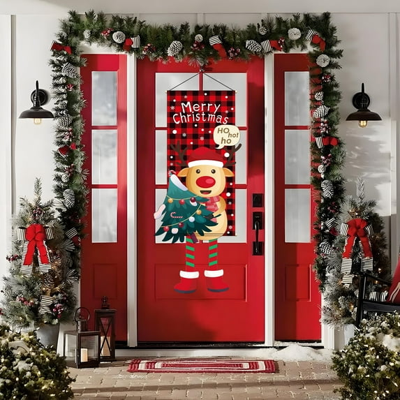 Meggemo Christmas Hanging Cloth Banner Party Decor Creative Cartoon Printed Backdrop Reusable Multicolor Winter Holiday Decor for Indoor Outdoor Home