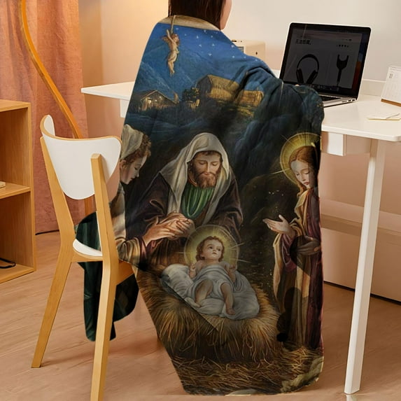 Meggemo Christmas Jesus Flannel Blanket Soft Warm Throw Blanket for Sofa Nap Time Home Holiday Season Christmas Decor