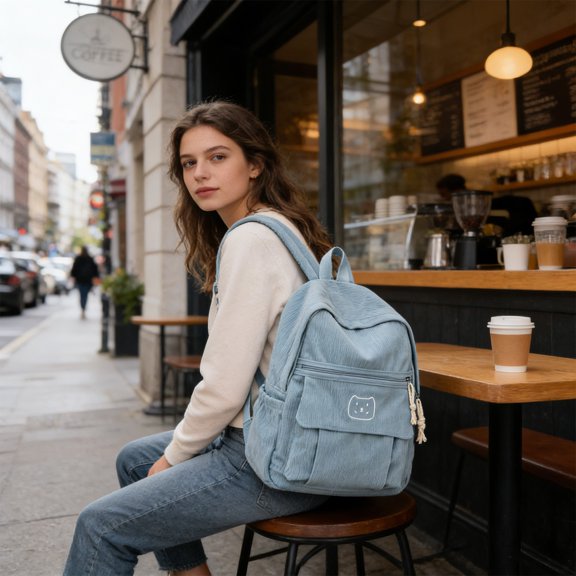 Meggemo Corduroy Backpack Casual Commuter Bag Handheld Shoulder Backpack Large Capacity with Multi-Pockets