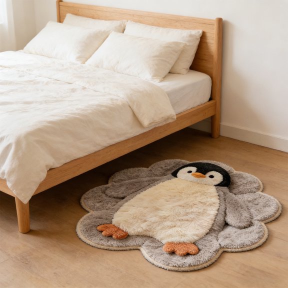 Meggemo Cute Penguin Bedside Rug Soft Plush Bedroom Floor Mat Easy Clean Stain Resistant Home Decor Non Slip Carpet Runner