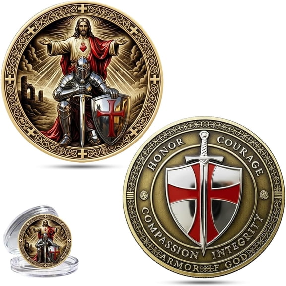 Meggemo Double Sided Knight Commemorative Coin Metal Sacred Protector Coin with Red Shield Collectible for Men