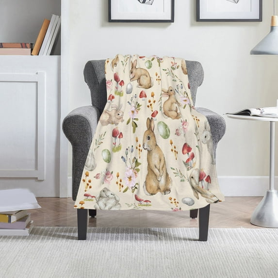 Meggemo Easter Blanket Bunny Colorful Egg Pattern Flannel Sofa Throw Blanket Soft Warm For Living Room Bedroom Couch Bed Home Indoor Festive Decor