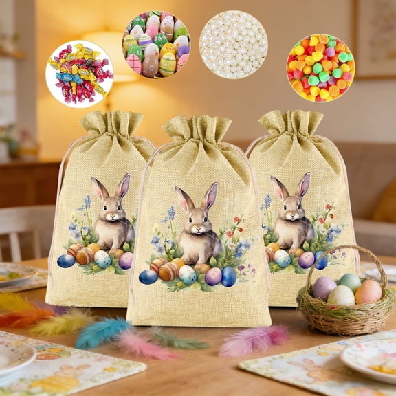Meggemo Easter Bunny Candy Gift Bags Drawstring Burlap Pouches Reusable Natural Party Favor Egg Hunt Toy Storage Sack Rustic Easter Treat Bags