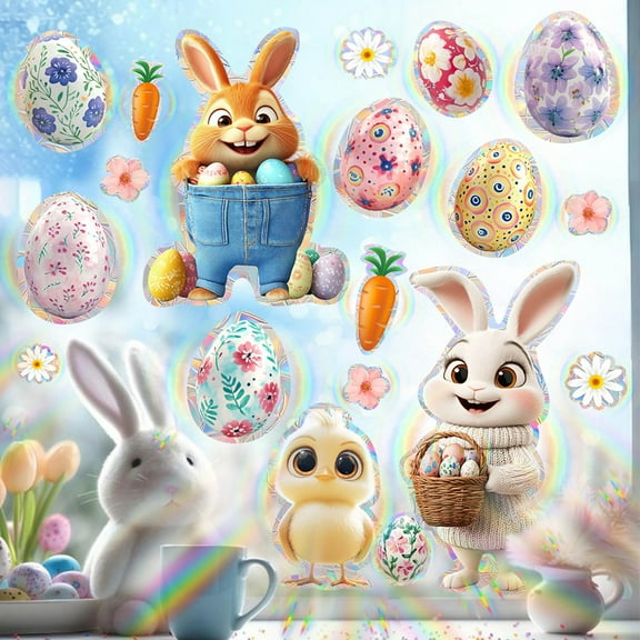 Meggemo Easter Bunny Egg Sun Catcher Window Cling Decorative Static Sticker Spring Colorful Light Catcher
