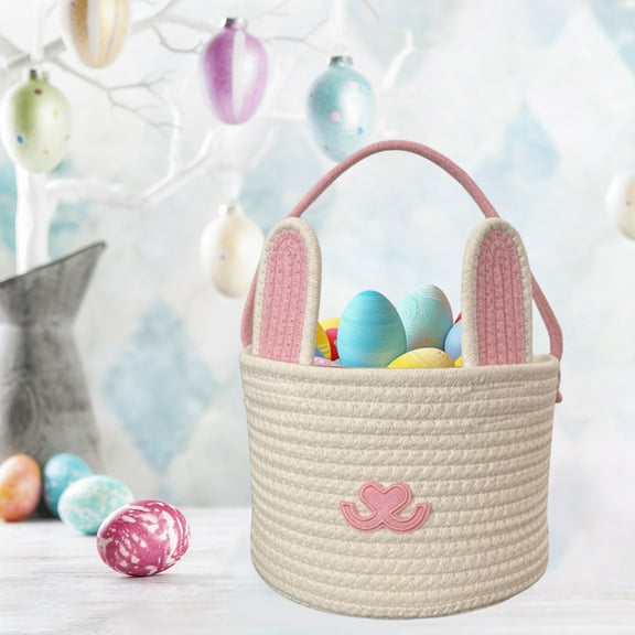 Meggemo Easter Bunny Shaped Egg Candy Bag Woven Bucket Decorative Storage Container For Candies Treats Snacks Home Party Table Centerpiece Festive Easter Decor Accessory