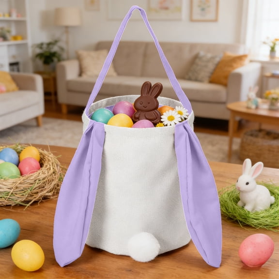 Meggemo Easter Candy Handbag Egg Carrier Bunny Basket Tote Sack Holiday Treat Bag Spring Party Favor Container Drawstring Closure Reusable Linen Look