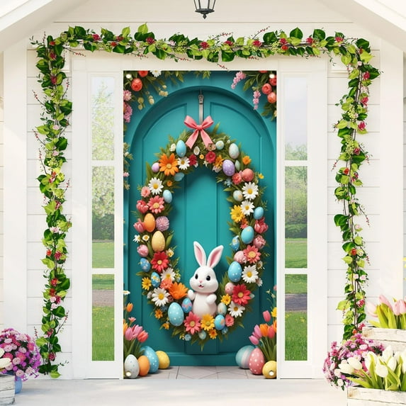 Meggemo Easter Door Curtain Polyester Fabric Festive Party Decor For Room Garden Wall Background Banner Indoor Outdoor Holiday Celebrations
