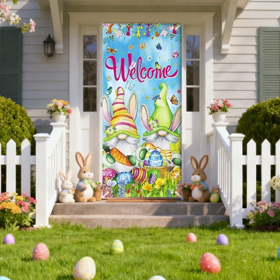 Meggemo Easter Door Curtain Polyester Fabric Large Party Backdrop for Room Wall Garden Spring Holiday Decoration Banner and Scene Setting