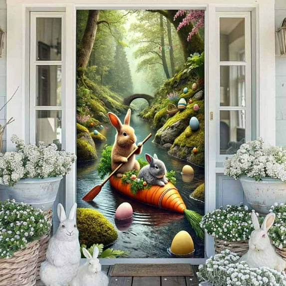 Meggemo Easter Door Curtain Polyester Fabric Large Party Decor For Room Garden Wall Background Banner Indoor Outdoor Holiday Celebrations