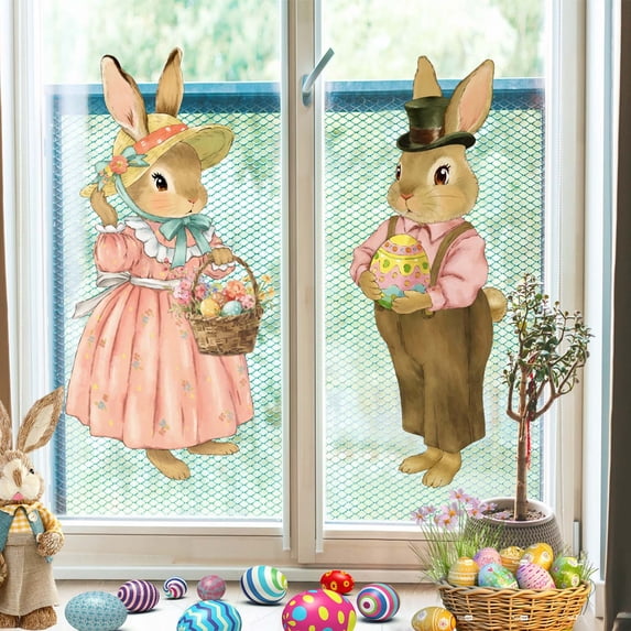 Meggemo Easter Double Sided Bunny Wall Decals Colorful Adhesive PVC Window Clings for Holiday Home and Glass Decor
