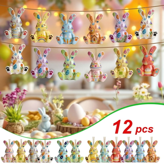 Meggemo Easter Wooden Bunny Hanging Ornaments Set Of 12 Pcs Spring Carrot Shape For Door Wreath Wall Tree Decor