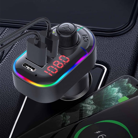 Meggemo Fast Charging Car Bluetooth MP3 Player FM Transmitter Colorful Ambient Light Display Wireless Audio Streaming Charging for Smartphones Vehicle Essential