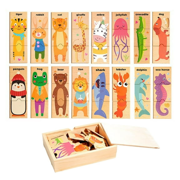 Meggemo Gift Wooden Animal Pairing Puzzle Set - 3-Piece Design for Early Education, English Vocabulary Building and Cognitive Enlightenment (Natural Wood Material)