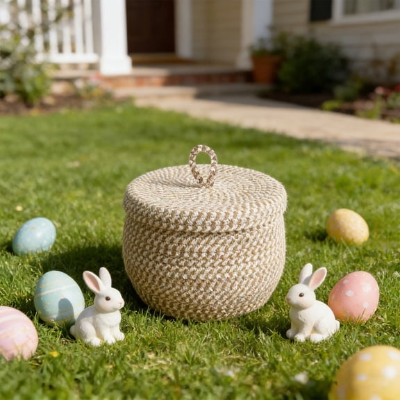 Meggemo Handwoven Cotton Rope Storage Basket with Lid Round Nesting Basket for Snacks Eggs Home Farmhouse Decor