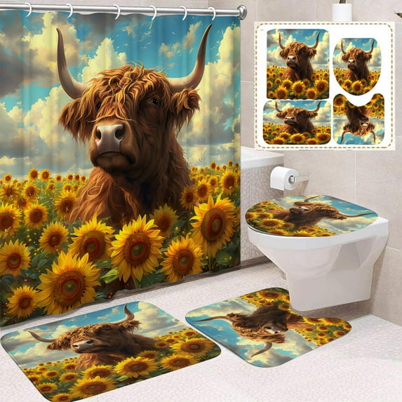 Meggemo Highland Cow Printed Bathroom 4 Piece Set Bath Mat U Shaped Mat Toilet Mat Shower Curtain Romantic Home Bathroom Decor Valentine's Day Adornment