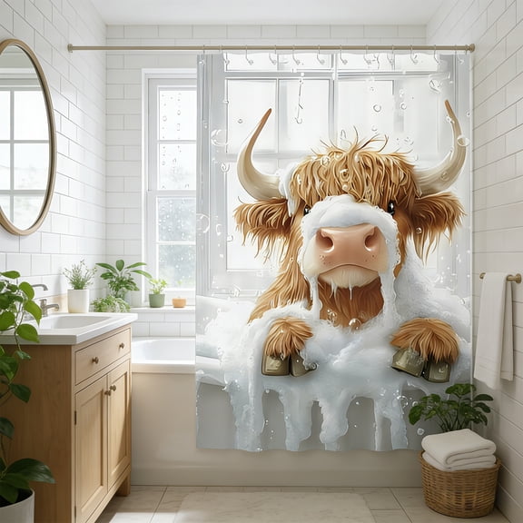 Meggemo Highland Cow Shower Curtain Bathroom Stall Divider Scottish Cattle Nature Theme Farmhouse Decor Waterproof Fabric with Rust Resistant Grommets