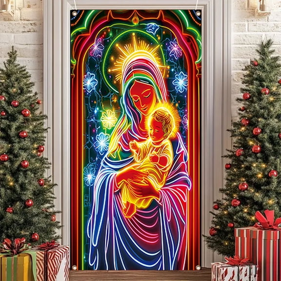 Meggemo Lighted Christmas Door Curtain Santa Claus Tree Printed Banner Xmas Hanging Decor Reusable Holiday Accessory for Indoor Outdoor Christmas Parties Home Entryway Yard Displays