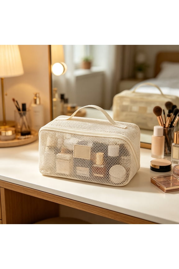 Mesh Travel Toiletry Bag Large Capacity Lightweight Cosmetic Organizer with Handle for Gym Home Bathroom 9.8x4.7x4.3 Inch