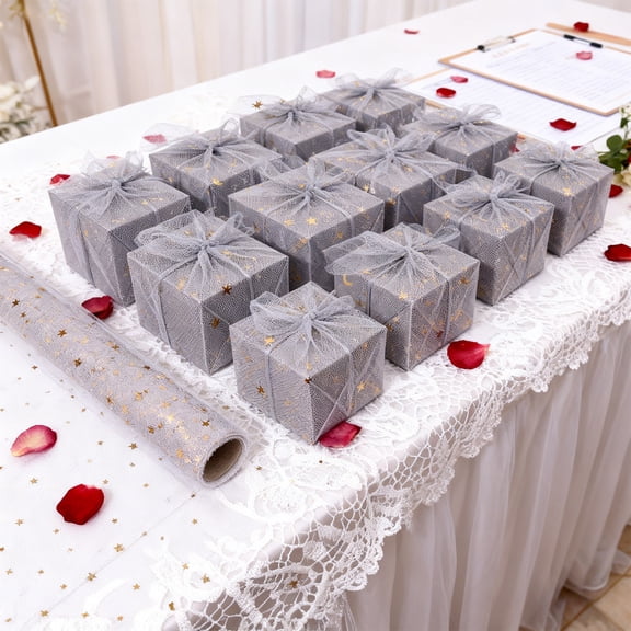 Meggemo Packaging Tulle Mesh Fabric 1 Roll 14.76 Feet Star Moon Pattern Colorful Mesh Cloth for Gift Wrapping Flower Packaging Party Decor Supply