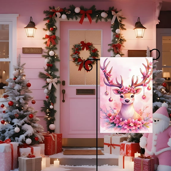 Meggemo Pink Christmas Garden Flag Double Sided Snowman Moose Pattern Xmas Yard Decor Winter Holiday Accessory for Outdoor Lawn Porch