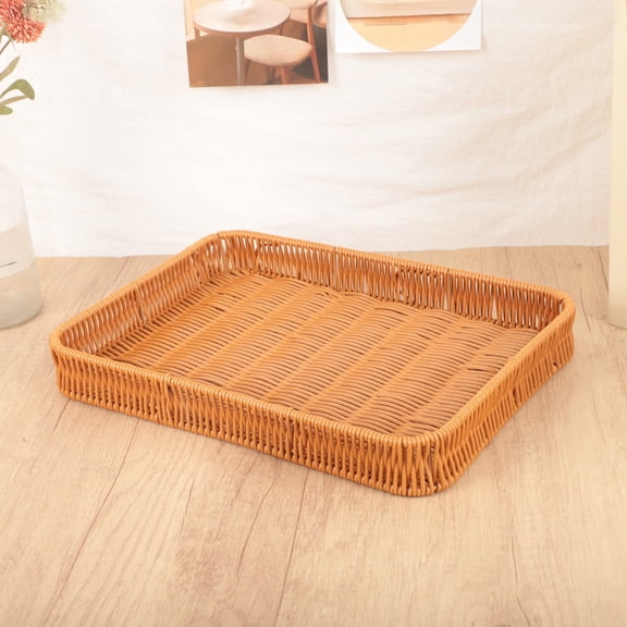 Meggemo Plastic Rattan Woven Storage Basket Oval Bread Holder Multifunctional Tray for Snacks Fruit Vegetable Kitchen Home Organization Rustic
