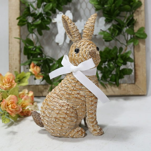 Meggemo Rattan Woven Effect Bunny Figurine Resin Craft With Natural Looking Texture For Home Tabletop Mantle Shelf Garden Patio Indoor Outdoor Easter Festive Decor