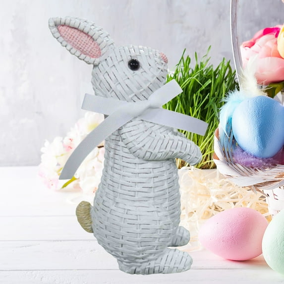 Meggemo Rattan Woven Effect Bunny Figurine Resin Craft With Natural Looking Texture For Home Tabletop Mantle Shelf Garden Patio Indoor Outdoor Easter Festive Decor