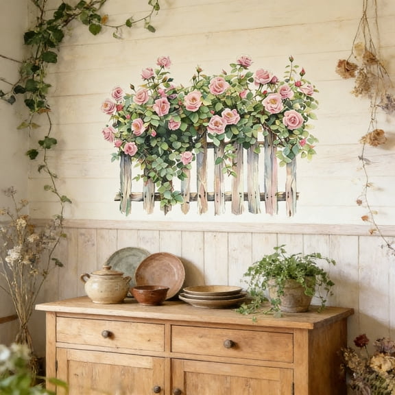 Meggemo Rose Flower Picket Fence Wall Sticker Vinyl Decal Romantic Garden Fence Design for Living Room Bedroom Nursery Home Decor