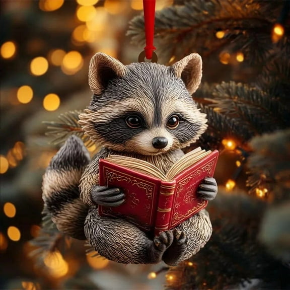 Meggemo Seasonal Reading Fox Raccoon Christmas Tree Hanging Ornament Cute Bookworm Animal Festive Holiday Home Decoration