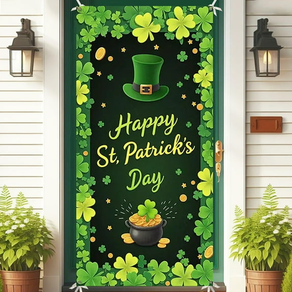 Meggemo St Patrick's Day Door Cover Vertical Banner Irish Outdoor Holiday Decoration Green Clover Hanging Flag For Front Door Porch Yard Garden Entryway Festive Home Decor