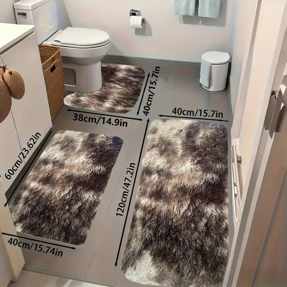 Meggemo Tie Dye Toilet Mat Set 3 Piece Plush Shaggy Non Slip Bathroom Rug Contour Lid Cover and Floor Pad Absorbent for Bath Tub Vanity Large