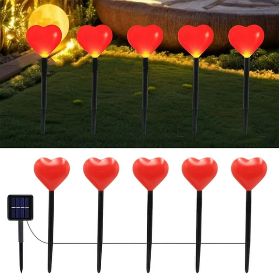 Meggemo Valentine's Day 5-Headed Heart Solar Ground Stakes Lights Outdoor Decor Waterproof LED Garden Lights Romantic Yard Pathway Accent for Lawn Patio Celebrations