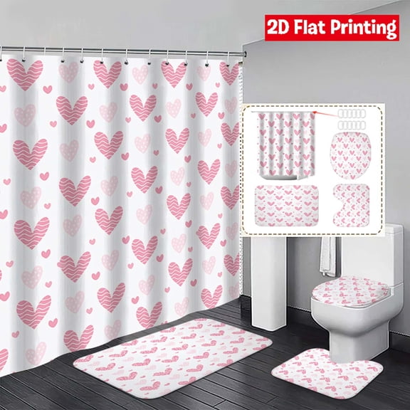 Meggemo Valentine's Day Heart Bathroom 4 Piece Set Shower Curtain Mat Accessories Romantic Home Bathroom Decor Festive Celebration Accent