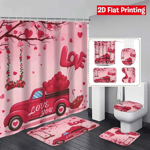 Meggemo Valentine's Day Heart Bathroom 4 Piece Set Shower Curtain Mat Accessories Romantic Love Themed Home Bathroom Decor Festive Celebration Soft Non Slip Comfortable Daily Use Accent