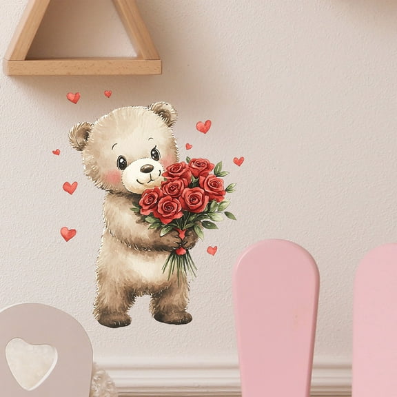 Meggemo Valentines Day Heart Rose Bear Wall Stickers Decorative Decals for Bedroom Living Room Background Wall Home Indoor Ambiance Decor