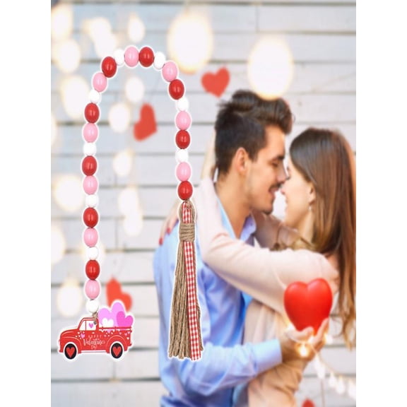 Meggemo Valentines Day Jute Tassel Beaded Garland Colorful Wooden Bead String Decor for Home Wall Shelf Tabletop Holiday Craft Supplies