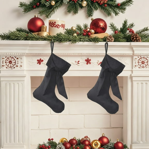 Meggemo Velvet Bow Christmas Stockings Holiday Decor Tree Hanging Ornaments Gift Bags for Home Fireplace Mantle Xmas Party Ambiance Decoration