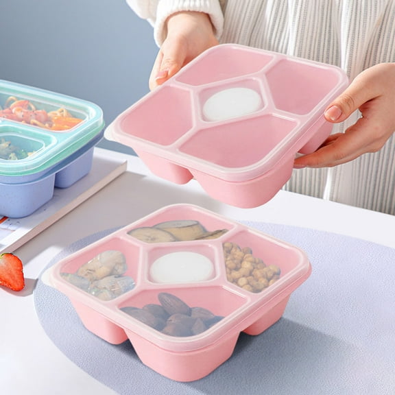 Meggemo Wheat Straw 5 Compartment Snack Box Airtight Seal for Snacks Fruits Meals Home Office Travel Bento Lunch Box Eco Friendly BPA Free Stackable