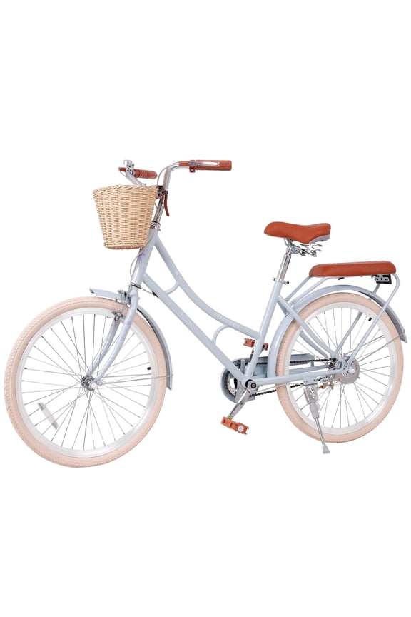 24 inch City Bike Dual Brake Single Speed Cruiser Bike Height Adjustable with Basket Soft Rear Pad for 10+ Blue