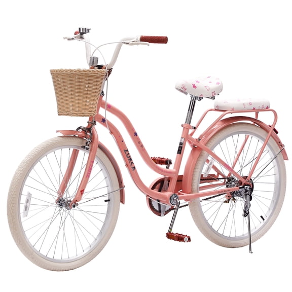Meghna 24 inch Cruiser Bike Single Speed Dual Brake with Woven Basket Steel Frame for 10+ Peachy