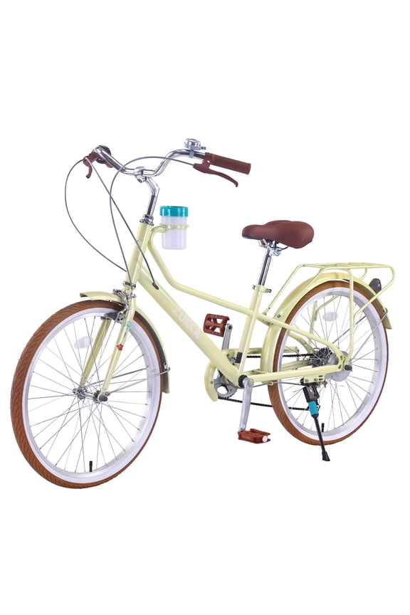 24 inch Cruiser Bike with Cup Holder Dual Brake 6 Speed Steel Frame with Rack Bicycle for Lady Girl Women Daily Commuter Yellow