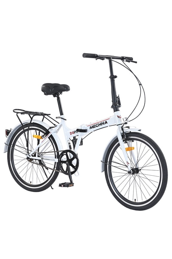 24 inch Folding Bike Single Speed V Brake City Commuter Bicycle with Mudguard for Men Women Daily Commuting White