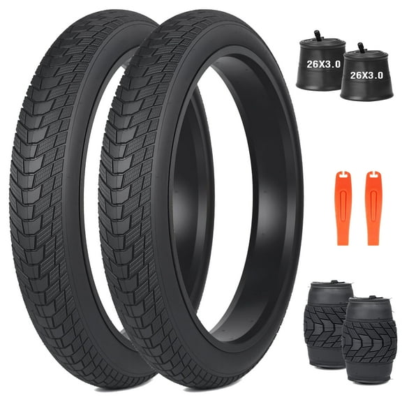 Meghna Fat Bike Tire Electric Bike Tire 26 x 3.0 inch Heavy Duty Anti-Slip Foldable Replacement All Terrains Tire 2 Pack with Inner Tube Tire Levers for E-Bike Snow Bike