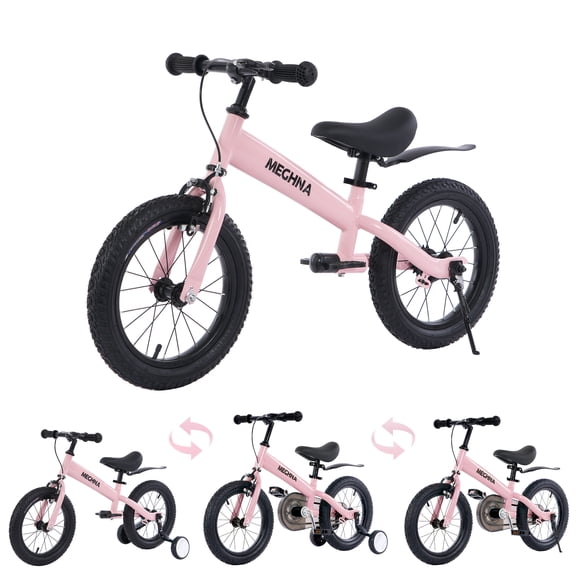 Meghna 14 inch Kids Balance Bike 2 in 1 Kids Bike Bicycle Detachable Training Wheels Dual Brake for 3-7 Years Old Toldders Pink