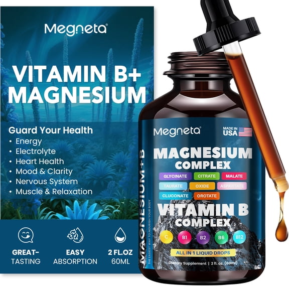 Megneta Magnesium Complex 400mg with Vitamin B Complex & Vitamin C, 8-in-1 Liquid Drops for Muscle Relaxation, Energy & Heart Health, 2 fl oz