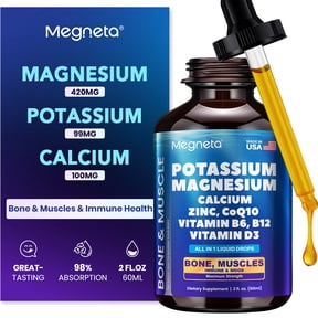 Megneta Potassium Magnesium Liquid Drops with Calcium, Zinc, CoQ10, Vitamin D3 & B Complex, Electrolyte & Muscle Cramp Support, 2 fl oz