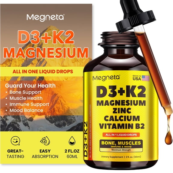 Megneta Vitamin D3 10000 IU with K2 MK-7, Magnesium Glycinate 420mg, Calcium & Zinc Liquid Drops for Bone, Muscle & Immune Health, 2 fl oz