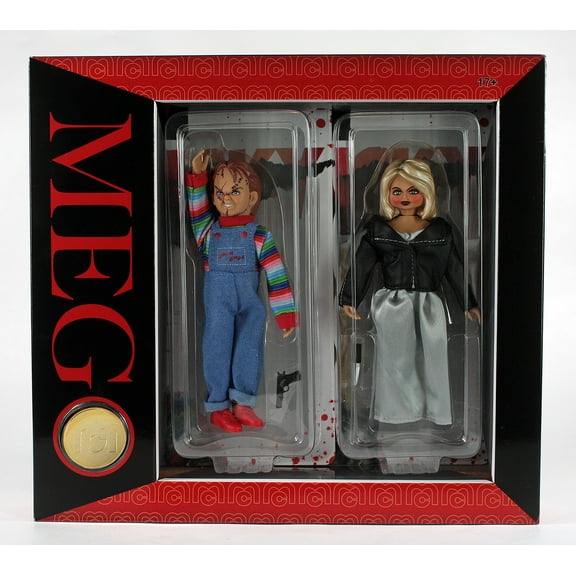 Mego Horror Bride of Chucky 8" Chucky and Bride of Chucky Collectible Action Figure 2 Pack with Collectible Coin